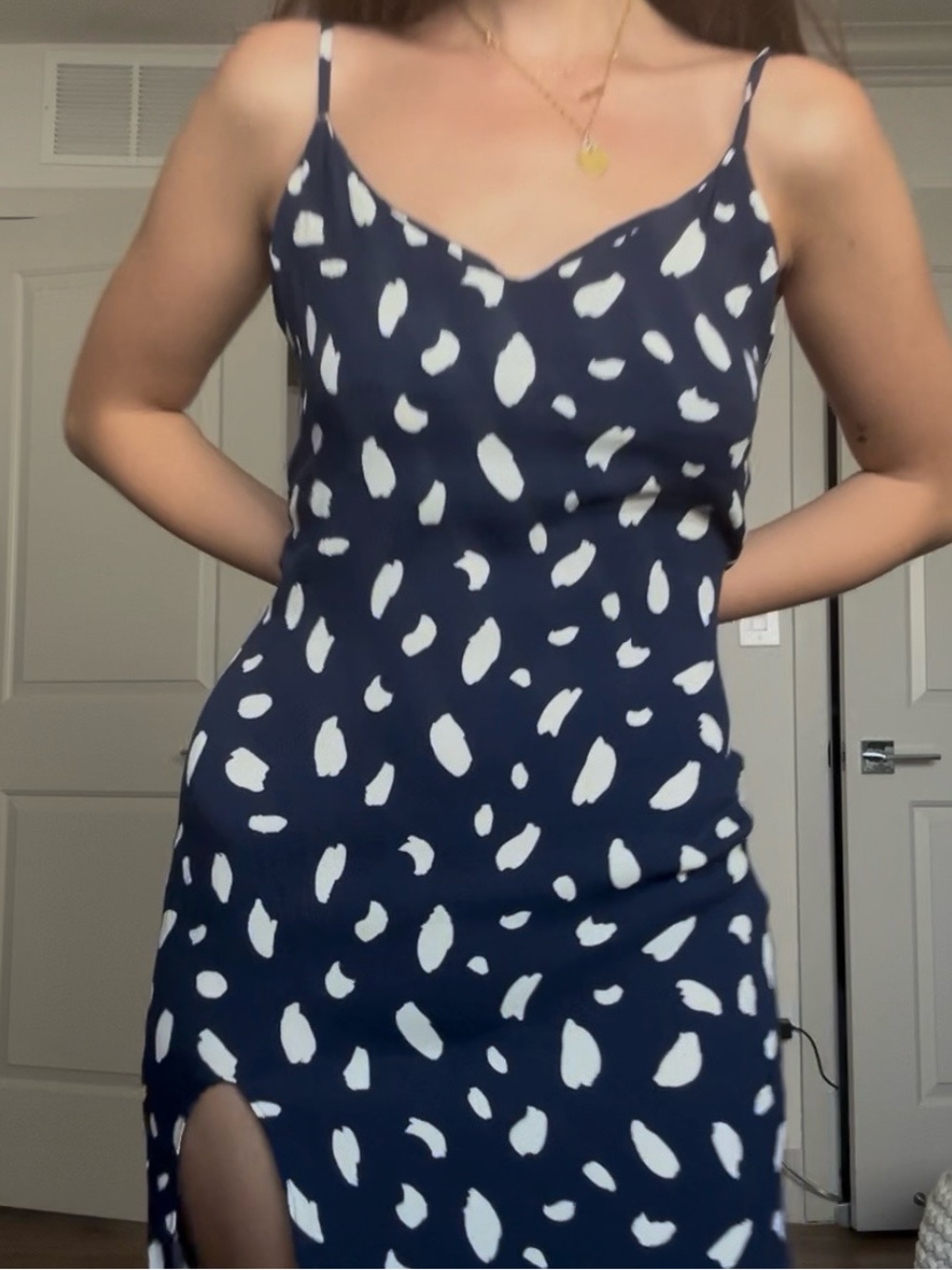 Navy Midi Slip Dress with White Abstract Spot Print